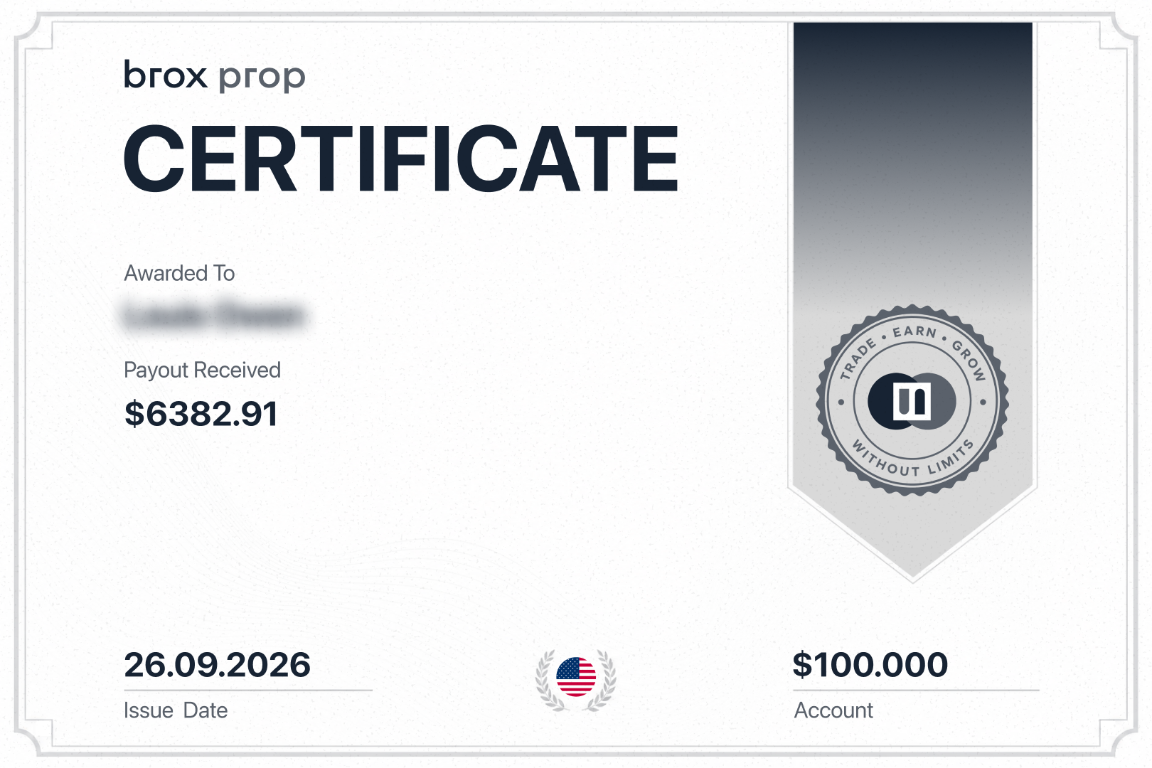 Brox Prop certificate with $6,382.91 payout