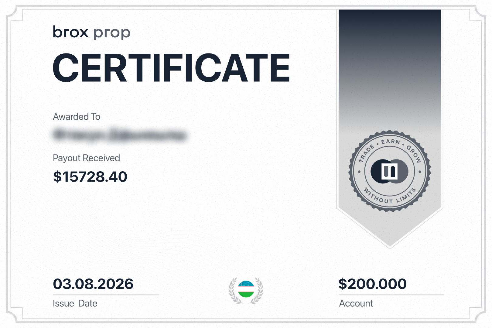 Brox Prop certificate with $15,728.40 payout