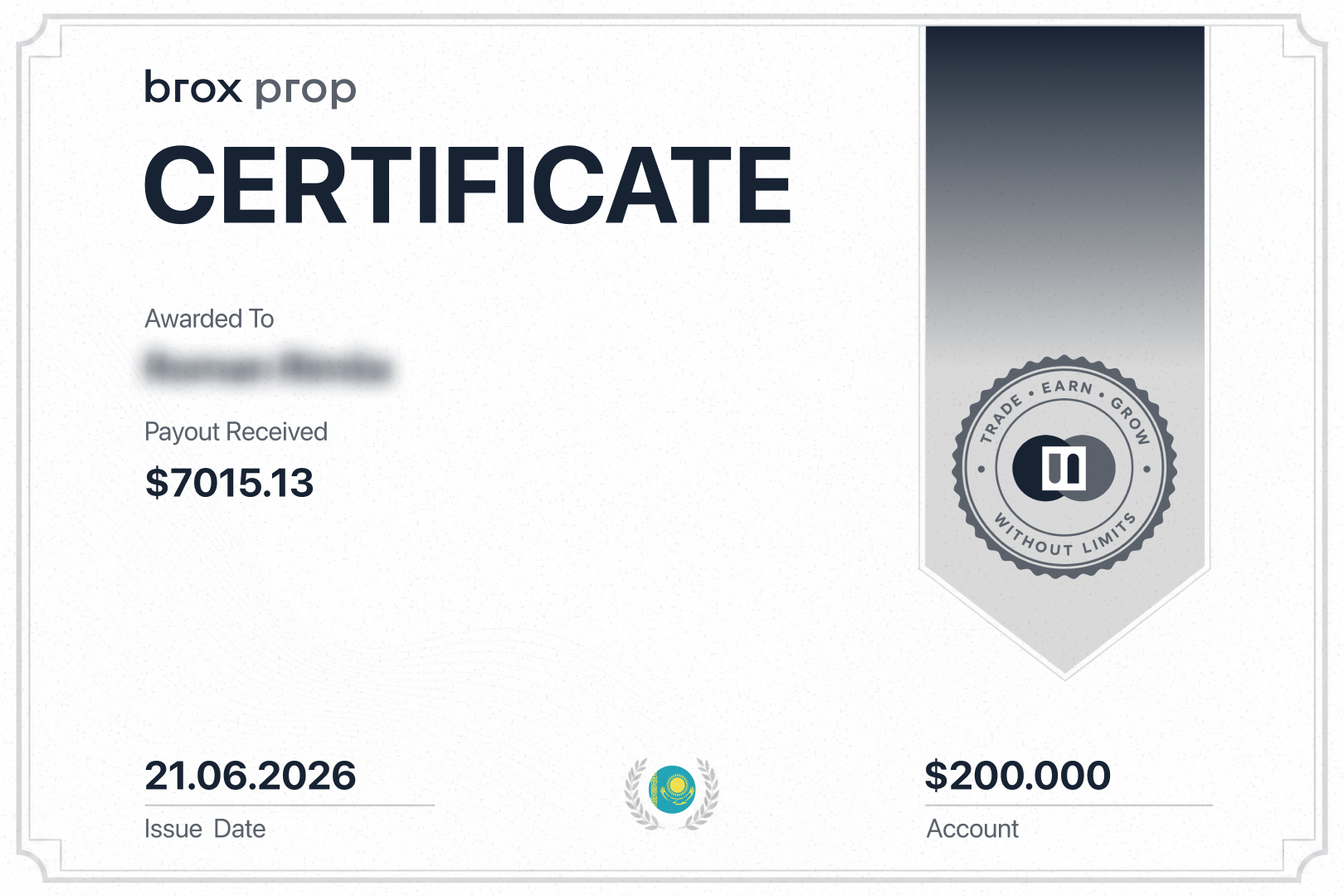 Brox Prop certificate with $7,015.13 payout